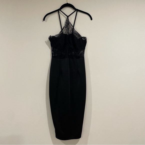 Black midi dress high neck lace cut out top bandeau thin straps size 4 open back - Picture 2 of 6